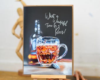 Tarjeta de felicitación de cerveza: Tarjeta artística con mensaje divertido. Interior en blanco. 18 x 13 cm. Incluye sobre kraft.