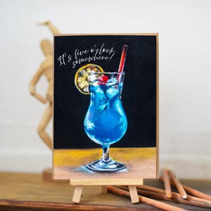 Cartes de voeux cocktail à slogan « Il est cinq heures quelque part ! - Cartes de voeux vierges originales d'oeuvres d'art pastel de 7 x 5 pouces pour des occasions spéciales.