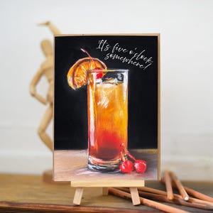 Cartes de voeux cocktail à slogan « Il est cinq heures quelque part ! - Cartes de voeux vierges originales d'oeuvres d'art pastel de 7 x 5 pouces pour des occasions spéciales.
