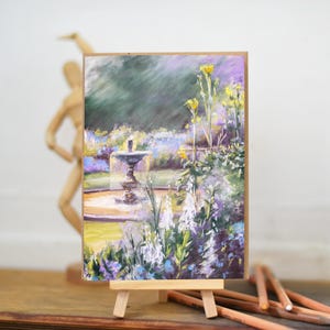 Carte vierge de voeux pour la fontaine printanière - Cadeaux pour les jardiniers, les amoureux de la nature et les horticulteurs | Oeuvre d'art originale au pastel par Rose-Marie MJ