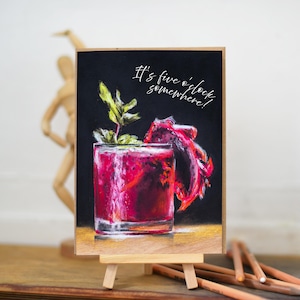 Cartes de voeux cocktail à slogan « Il est cinq heures quelque part ! - Cartes de voeux vierges originales d'oeuvres d'art pastel de 7 x 5 pouces pour des occasions spéciales.