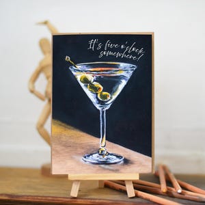 Cartes de voeux cocktail à slogan « Il est cinq heures quelque part ! - Cartes de voeux vierges originales d'oeuvres d'art pastel de 7 x 5 pouces pour des occasions spéciales.