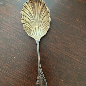 Puede incluir: Una cuchara de servir plateada con un cuenco en forma de concha y un mango largo y ornamentado. El cuenco tiene un diseño en forma de abanico con crestas verticales. El mango presenta volutas decorativas y un extremo en forma de lágrima.