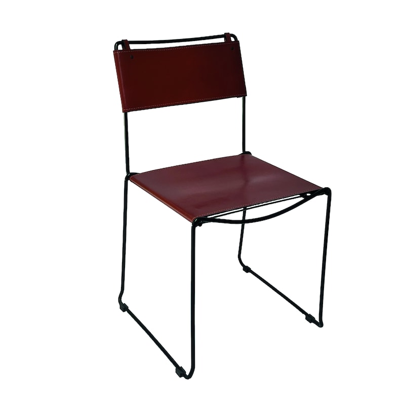 May include: A modern chair with a burgundy leather seat and backrest. The chair has a minimalist design with a black metal frame. The seat and back are rectangular, and the frame is made of thin, curved metal rods.
