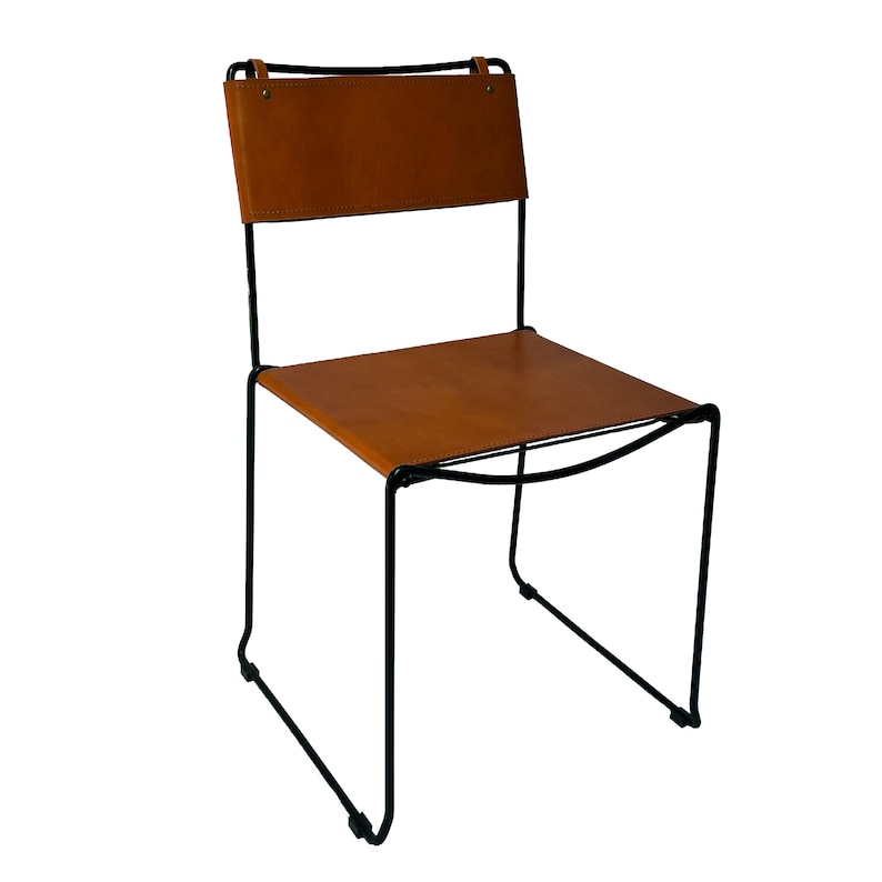 May include: A modern chair with a brown leather seat and backrest. The chair has a black metal frame and a minimalist design. The seat and back are rectangular. The chair is suitable for indoor use.