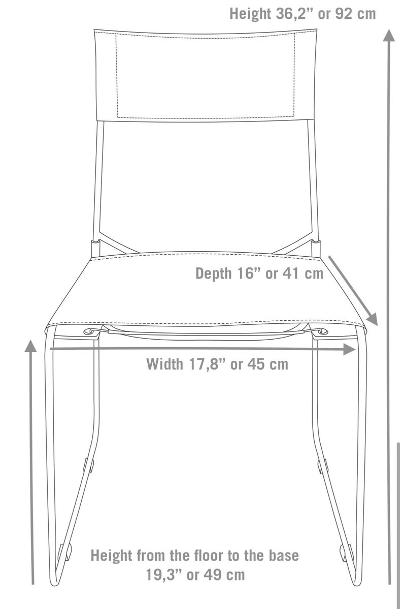 May include: Line drawing of a chair with measurements in inches and centimeters. The chair is 36.2 inches or 92 centimeters tall, 16 inches or 41 centimeters deep, and 17.8 inches or 45 centimeters wide. The height from the floor to the base of the chair is 19.3 inches or 49 centimeters.