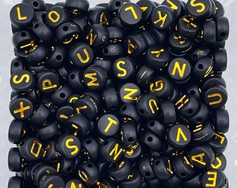 7mm black & gold color alphabet ABC beads, ins letters acrylic flat round name beads, initial words pony spacer beads, mixed bulk A-Z