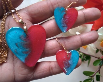 Heart Shaped Resin Jewelry Set, Resin Jewelry Set, Resin Pendant, Resin Earrings, Heart Necklace, Set of Unique Jewelry, Resin Jewelry