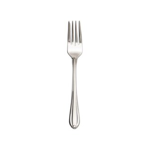 May include: A silver fork with a simple, elegant design. The fork has a rounded handle and four tines.