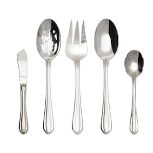 May include: Set of five silver-plated serving utensils, including a butter knife, a slotted spoon, a serving fork, a serving spoon, and a sugar spoon.