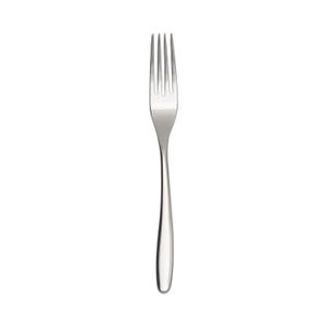 May include: A polished silver-colored metal fork featuring a slender handle that gradually widens toward the base and a head with four distinct, evenly spaced tines. The surface of the utensil is smooth and reflective, showing a clean, simple design.