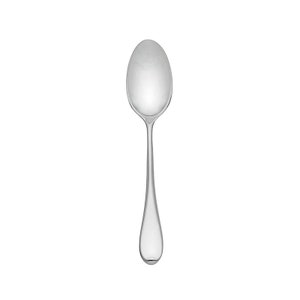 May include: A silver spoon with a rounded bowl and a long, slender handle.