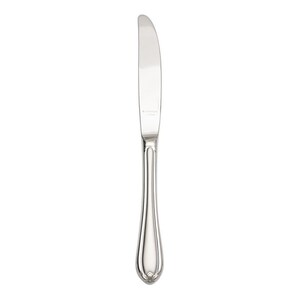 May include: A silver dinner knife with a simple, elegant design. The knife has a slightly curved blade and a rounded handle with a decorative detail at the end.