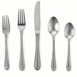 May include: A set of five stainless steel silverware pieces: two forks, a knife, and two spoons. The silverware has a simple, elegant design with a rounded handle and a decorative element at the base.