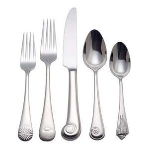 May include: A five-piece stainless steel flatware set featuring a salad fork, dinner fork, dinner knife, dinner spoon, and teaspoon. Each handle end is decorated with a distinct embossed seashell or spiral motif in a polished silver finish.