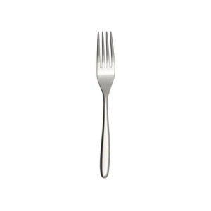 May include: A polished stainless steel dinner fork featuring a slender, smooth handle that tapers toward the base and four evenly spaced tines at the top. The metal surface has a reflective, silver-toned finish with a clean, simple design.