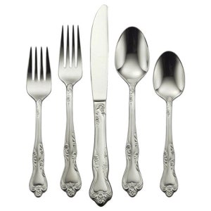 May include: A set of five silver-plated flatware pieces, including a knife, fork, and three spoons. The pieces have an ornate design with floral accents.