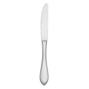 May include: A silver dinner knife with a rounded handle and a sharp blade.