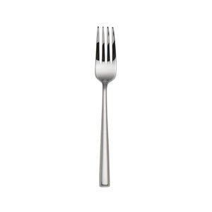 May include: A stainless steel fork with four tines and a long, slender handle. The silverware is designed for dining and is set against a white background. The fork is a common utensil for eating.