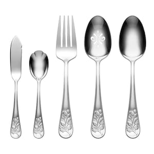 May include: Set of five silver-plated serving utensils with a floral design. The set includes a butter knife, a spoon, a fork, and two serving spoons.