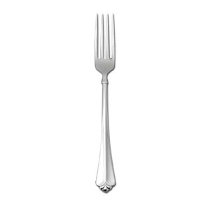 May include: A silver fork with a simple, elegant design. The fork has a long, slender handle with a rounded end. The tines are straight and evenly spaced.