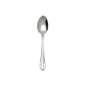 May include: A silver teaspoon with a rounded bowl and a slightly curved handle.