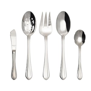 May include: A set of five polished silver serving utensils, including a butter knife, slotted spoon, fork, serving spoon, and a small spoon. Each piece has a rounded handle with a decorative base, perfect for formal dining.