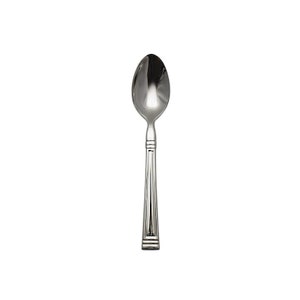 May include: A silver teaspoon with a rounded bowl and a simple, elegant design.
