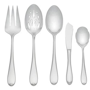 May include: A set of five silver-toned serving utensils, including a slotted spoon, a serving spoon, a butter knife, a serving fork, and a sugar spoon.
