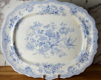 Antique Asiatic Pheasant Large Platter Blue & White Rustic Farmhouse