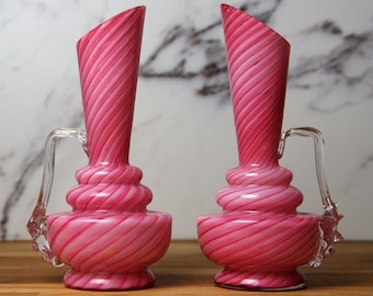 Pair Victorian Candy Stripe Glass Pink Ewer Jug Vases