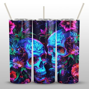 Trippy Neon Skull Tumbler Wrap, 20oz Tumbler, Flowers Tumbler, Neon Flowers Design Png, Tumbler Sublimation, Digital File