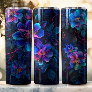 Neon Dark Floral Tumbler Wrap, 20oz Tumbler, Flowers Tumbler, Neon Flowers Design Png, Tumbler Sublimation, Digital File, Skinny Tumbler