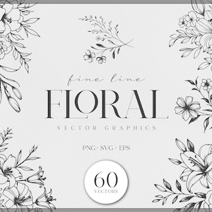 花のベクター グラフィック バンドル、植物の線画 SVG、ベクター クリップアート、花の細線画、花の PNG、商用利用