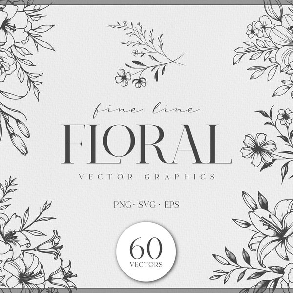 Floral Vector Graphics Bundle, Botanical Line Art SVG, Vector Clipart, Floral Fine Line art, Floral Png, Commercial use