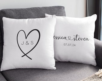 Custom Couple Names Pillow Newlywed Wedding Gift, Personalized Engagement Housewarming Gift Square Pillow, Bridal Shower Date and Initials