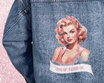 Chin Up Crown On Retro Pinup Women's Oversized Jean Jacket