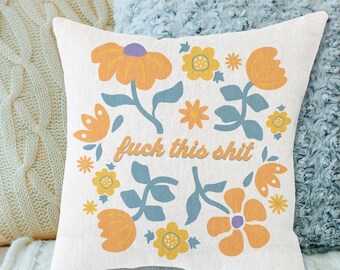 Funny Swear Throw Pillow - Retro Orange Floral Design