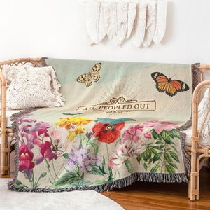 Funny Introvert Woven Blanket, All Peopled Out Sarcastic Butterfly Floral Throw for Homebody, Cozy Bedding Gift for Introvert