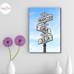Road Sign Wall Art, Blue Sky Canvas Personalized with Names (Custom Sizes)