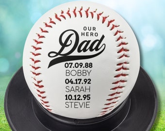 Father&#39;s Day Custom Baseball Loving Gift or Dad, Our Hero Daddy Custom Kids&#39; Names Birthdays Baseball Fan Coach Dad, Team Coach Personalized
