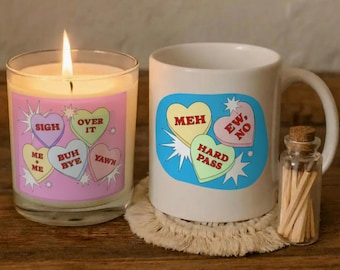 Ensemble de bougies et de tasses anti-Saint-Valentin, Cœurs de bonbons sarcastiques (Amour de soi impertinent)