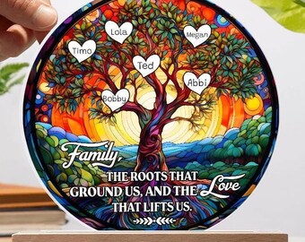 Plaque acrylique Arbre de vie personnalisée, noms de famille personnalisés (cercle lumineux LED)