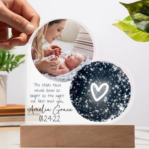 Carte personnalisée du nom de bébé pour l'anniversaire d'une nouvelle maman, photo du nom de bébé personnalisée, 1er anniversaire de la nuit de notre connaissance, premier coeur acrylique céleste pour la fête des mères