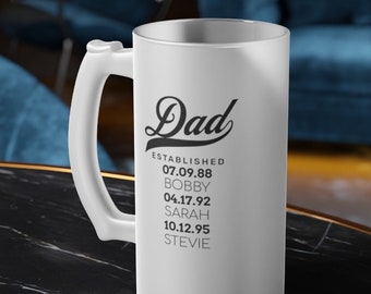 Father&#39;s Day Custom Frosted Glass Beer Mug, Our Hero Dad Beer Stein Personalized Children&#39;s Names Birthdays, Perfect Dad Husband Love Gift