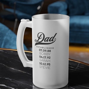 Father&#39;s Day Custom Frosted Glass Beer Mug, Our Hero Dad Beer Stein Personalized Children&#39;s Names Birthdays, Perfect Dad Husband Love Gift