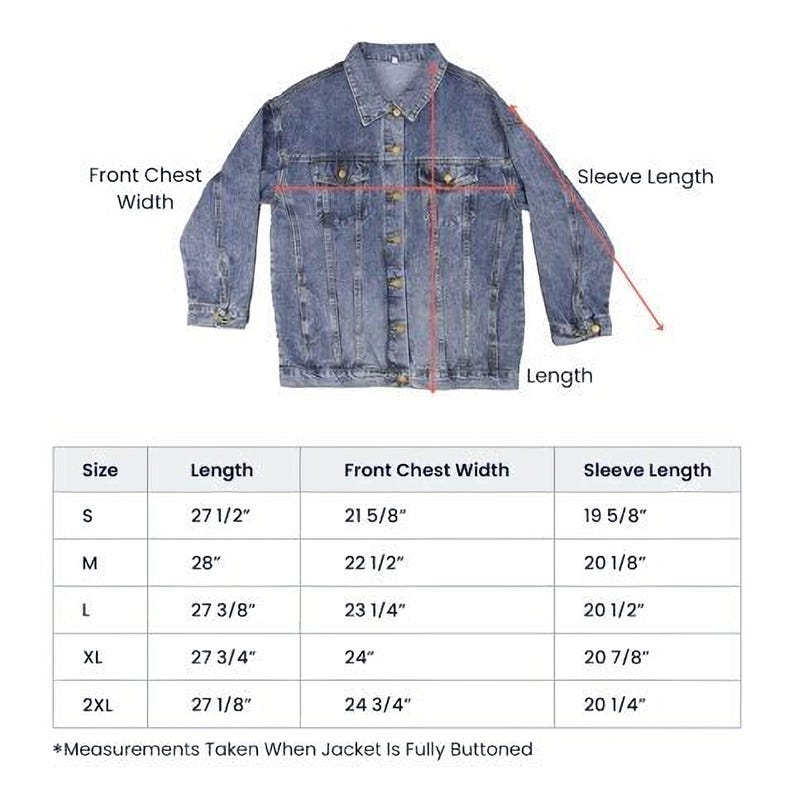 a denim jacket with measurements and sizes listed below it.