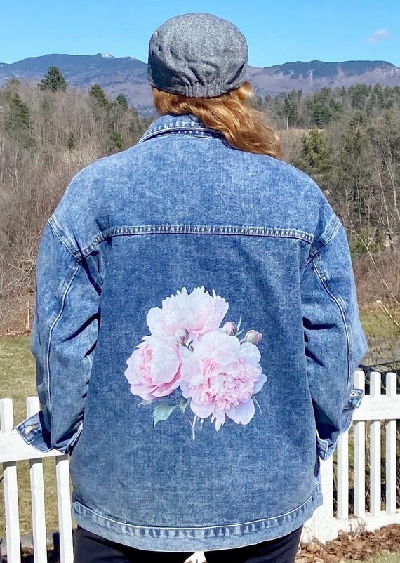 Women's Denim Jacket: Oversized Fit, Pink Peonies Floral - Button Up