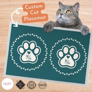 Personalized Cat Placemat Set for Pet, Custom Cat Mom Water Bowl Kitten, Kitty Birthday Party Paw Plate Matching Set, Gift for Cat-Lover