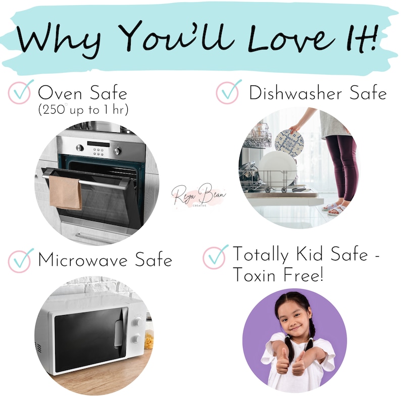 Peut inclure: Image avec le texte "Why You'll Love It!" et des ic&ocirc;nes indiquant la s&eacute;curit&eacute; au four, au lave-vaisselle et au micro-ondes, ainsi que l'absence de toxines. L'image montre un four, un lave-vaisselle, un micro-ondes et un enfant faisant un pouce lev&eacute;.